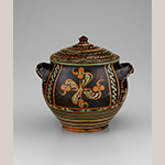 Fig. 11: Sugar jar attributed to the Albright/Loy Pottery, 1785–1810, Alamance Co., NC. Lead-glazed earthenware; HOA: 9-5/8”. Old Salem Museums & Gardens, Acc. 2708.