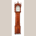 Fig. 3: Tall Clock with case attributed to John Brown (1761–1835) and movement by clockmaker Samuel Martin (1768–1825), ca. 1800, Wheeling and Wellsburg, WV. Cherry with light and dark wood inlays and tulip poplar; HOA: 105”, WOA: 17-1/2", DOA: 8-7/8”. Private collection; Photographs courtesy of Sumpter Priddy III American Antiques & Fine Art; Photograph by Dennis McWaters.